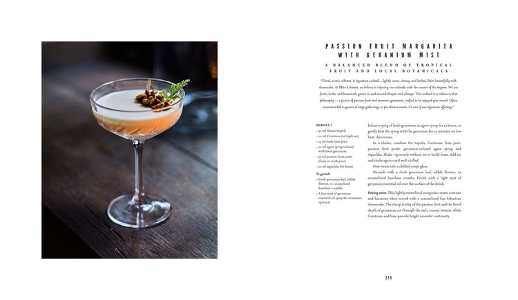 Book spread from the Alavya Hotel photographic book by Montgomery Press, featuring the hotel's signature Passion Fruit Margarita with Geranium Mist. Left: a coupe glass cocktail garnished with caramelised hazelnuts and a herb sprig. Right: the full recipe with tasting notes. Cocktail photography and recipe design for a luxury hotel book commission, Alacati, Turkey.