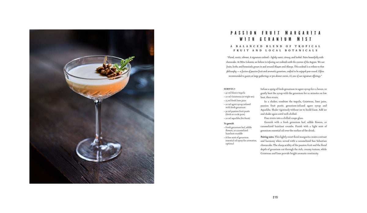 Book spread from the Alavya Hotel photographic book by Montgomery Press, featuring the hotel's signature Passion Fruit Margarita with Geranium Mist. Left: a coupe glass cocktail garnished with caramelised hazelnuts and a herb sprig. Right: the full recipe with tasting notes. Cocktail photography and recipe design for a luxury hotel book commission, Alacati, Turkey.