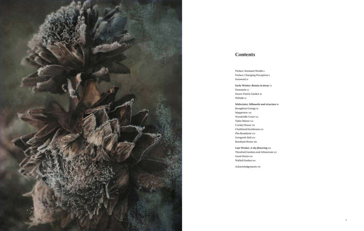 An open book spread showing a large, moody close-up photograph of frosty brown  artichoke heads on the left page and a white Contents page with small black text on the right. Photograph by Andrew Montgomery.