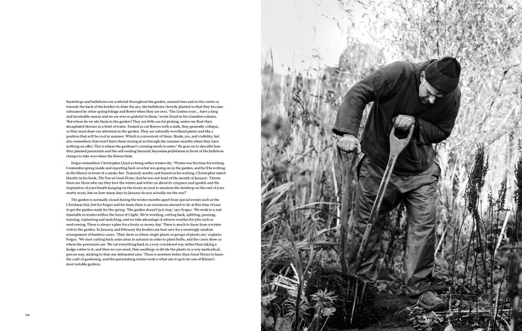 A two-page spread from Winter Gardens Book, with the left page containing dense black text and the right page showing a black-and-white photograph of a man gardening in tall grasses. Photograph by Andrew Montgomery.